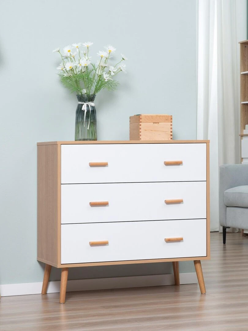 Commode scandinave sur pieds 3 tiroirs blanc aspect bois clair Beige