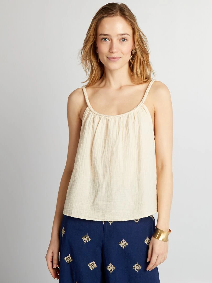 Top en gaze de coton à bretelles tressées   Beige