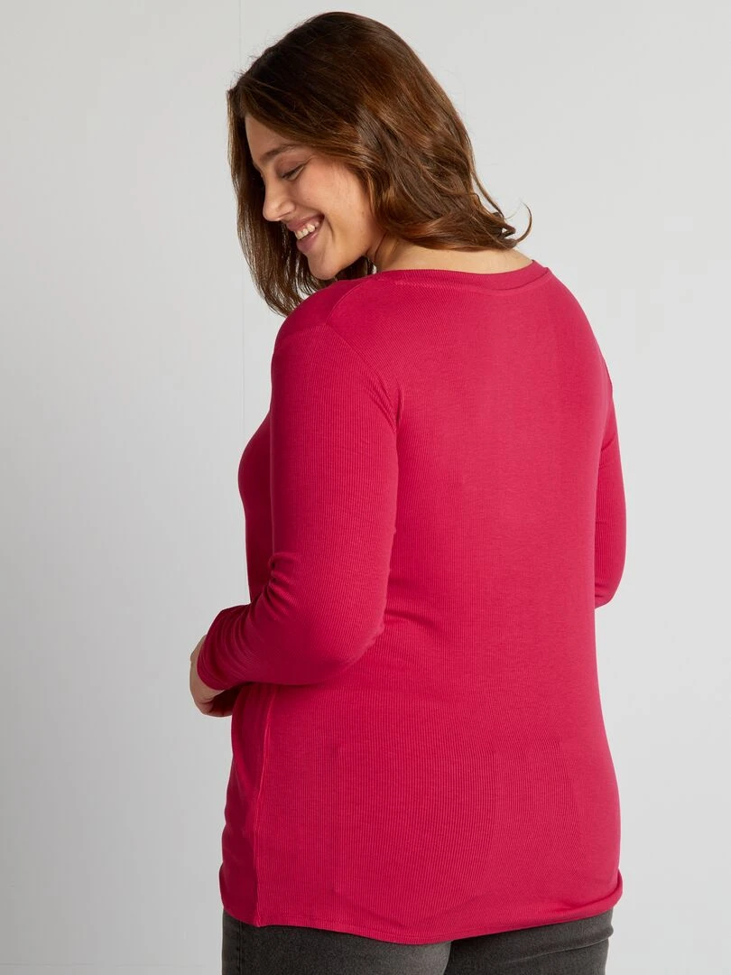 Tee shirt côtelé fluide et large encolure   Fuschia