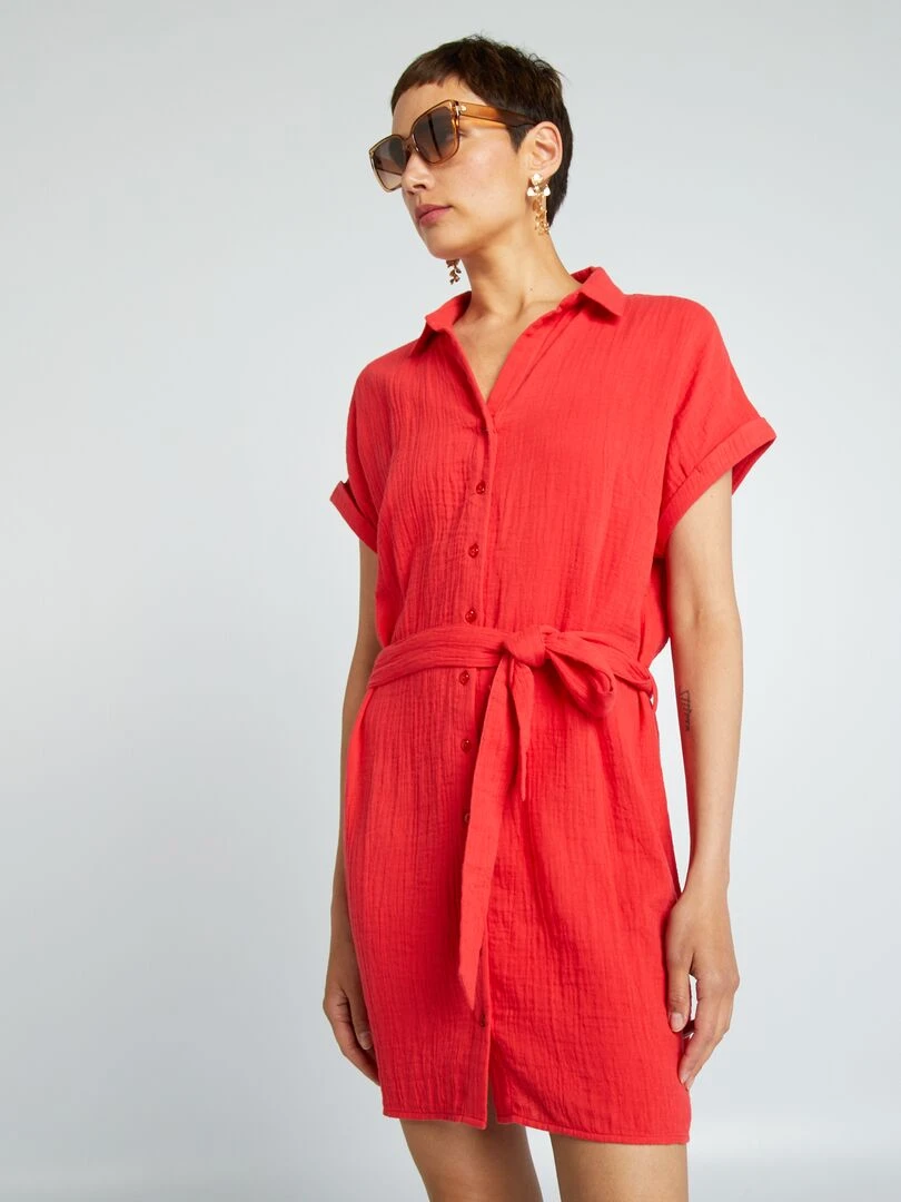 Robe courte forme chemise en double gaze de coton rouge