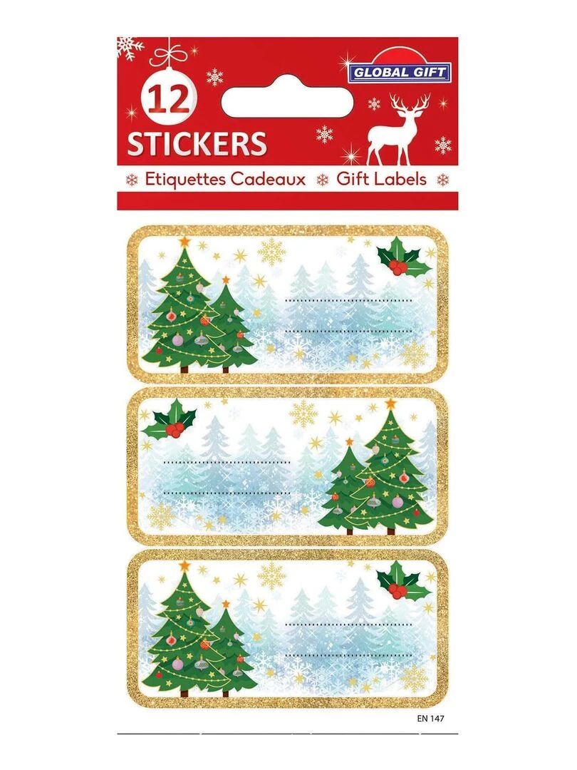 12 étiquettes adhésives de Noël Sapins à paillettes dorées N/A