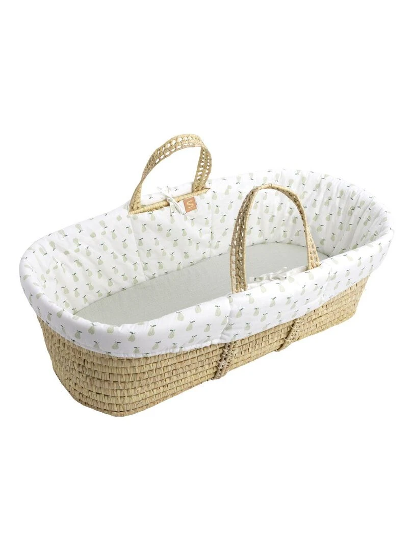 Couffin bébé en fibres naturelles avec habillage tissu SAUTHON Blanc Vert