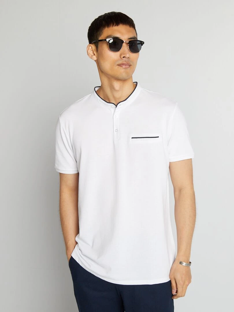 Polo à col mao en piqué de coton Blanc