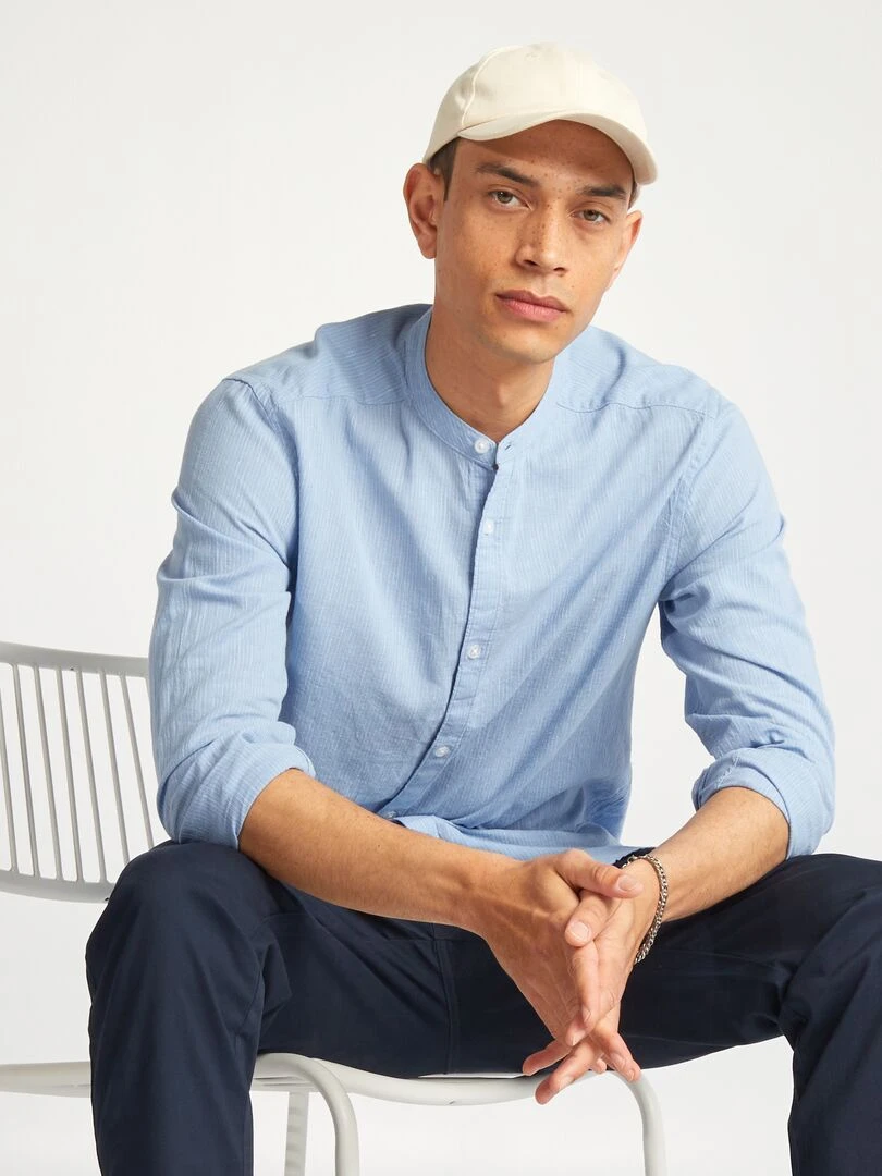 Chemise à col mao en lin mélangé Bleu
