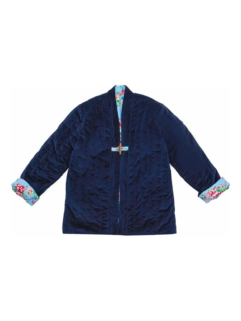 Veste Chinoise Fille  Velours Bleu Marine Réversible Fleurie Turquoise  KIM    'LA FAUTE A VOLTAIRE'   Bleu marine