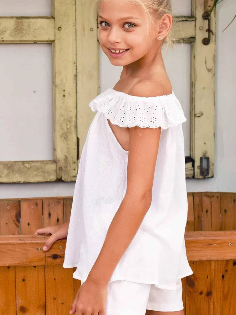 Blouse Blanche Été Fille  Broderie Anglaise  AURORE   'LA FAUTE A VOLTAIRE'   Blanc