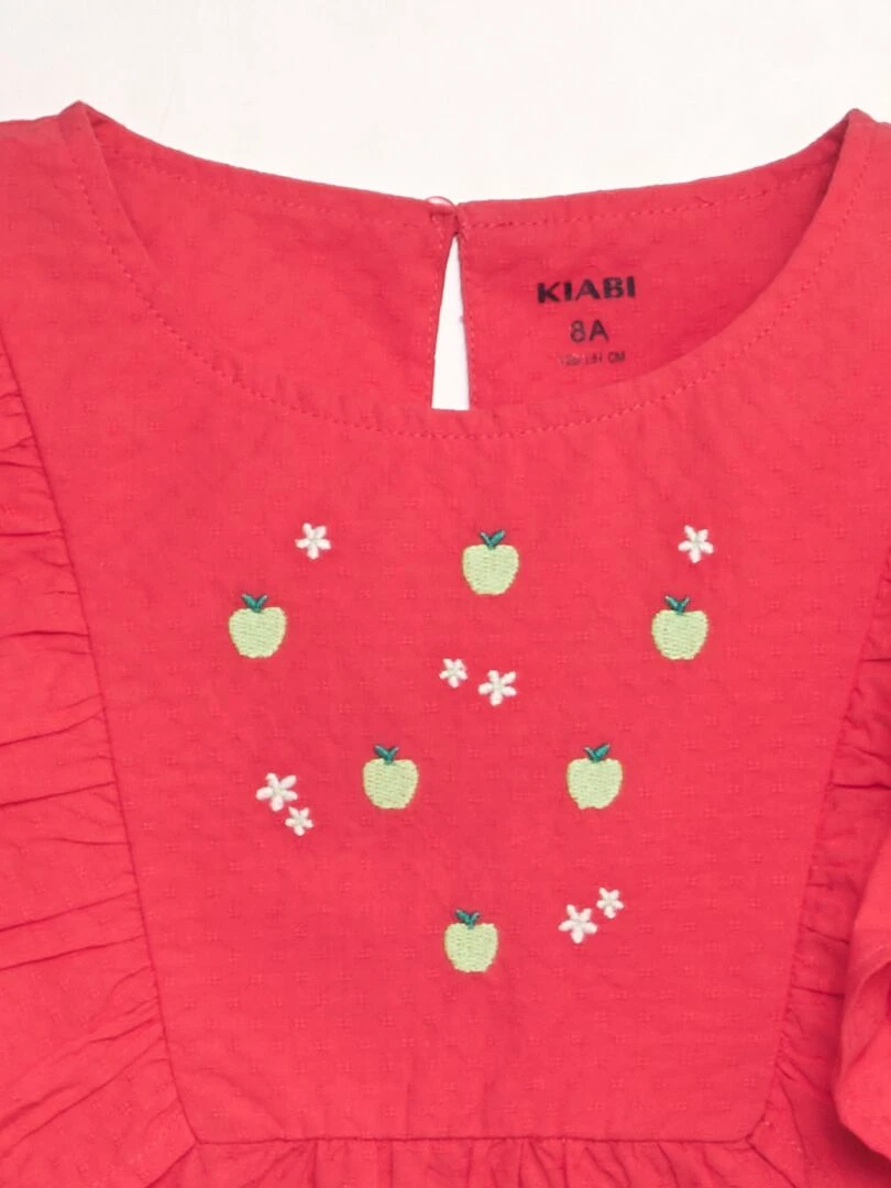 Blouse volantée avec broderies 'fruits' ROUGE