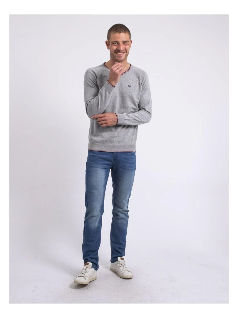 Pull fin col V coton ANTON   Gris clair