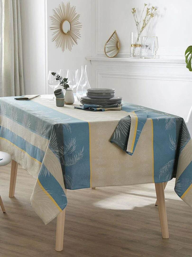 Nappe carrée tropicale à jacquard enduit Bleu azur
