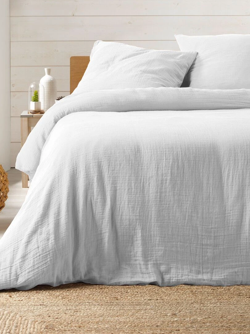 Housse de couette + 2 taies Gaze de coton Collection Couleurs Blanc