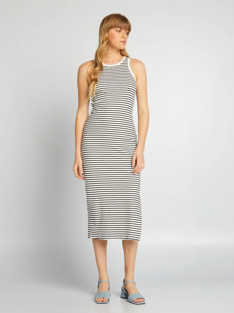 Robe longue en maille côtelée   Blanc rayé
