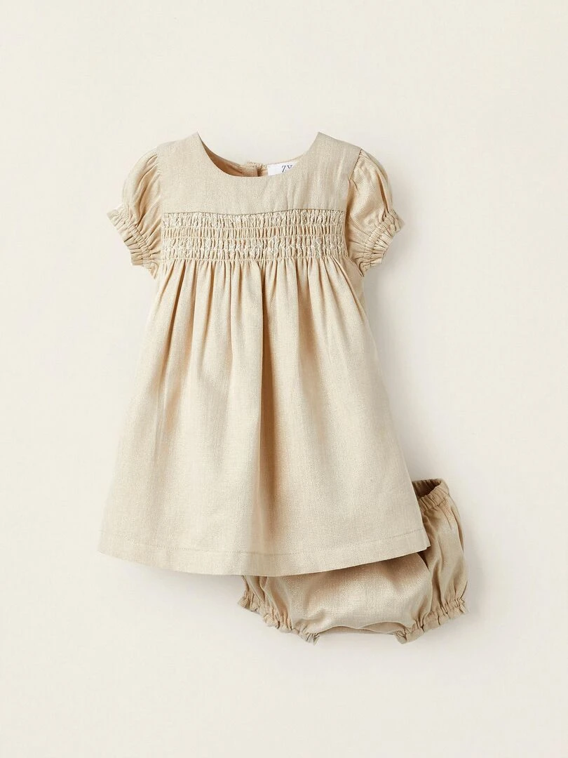 Robe + Bloomer avec fils Lurex pour Nouveau né manches courtes CÉRÉMONIE Blanc