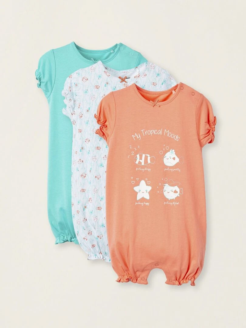 Pack 3 Barboteuses pour Bébé Fille 'Tropical Fish' manches longues FIJI ISLANDS Multicolore