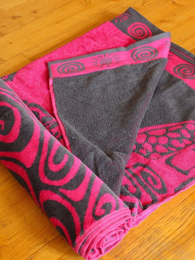Serviette de plage éponge velours Jacquard Fuchsia Turtle L 100x175 470g/m²   Rose fushia