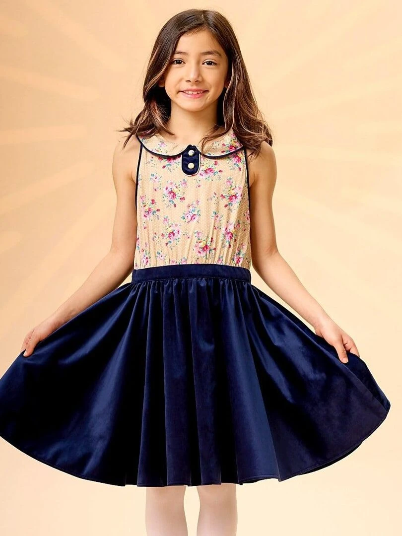 Robe Qui Tourne Fille Velours Bleu Marine Fleuri Rose HEPBURN 'LA FAUTE A VOLTAIRE' Multicolore