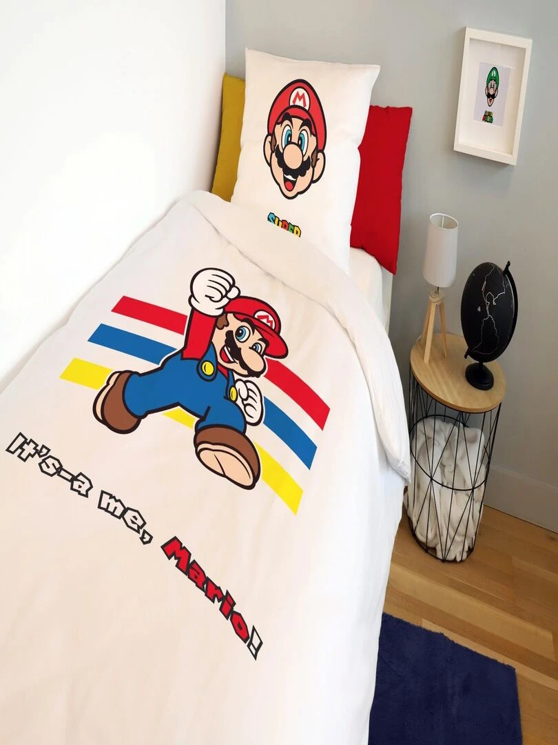 Housse de couette Mario & Luigi 140x200 cm et taie d'oreiller 100% Coton Blanc