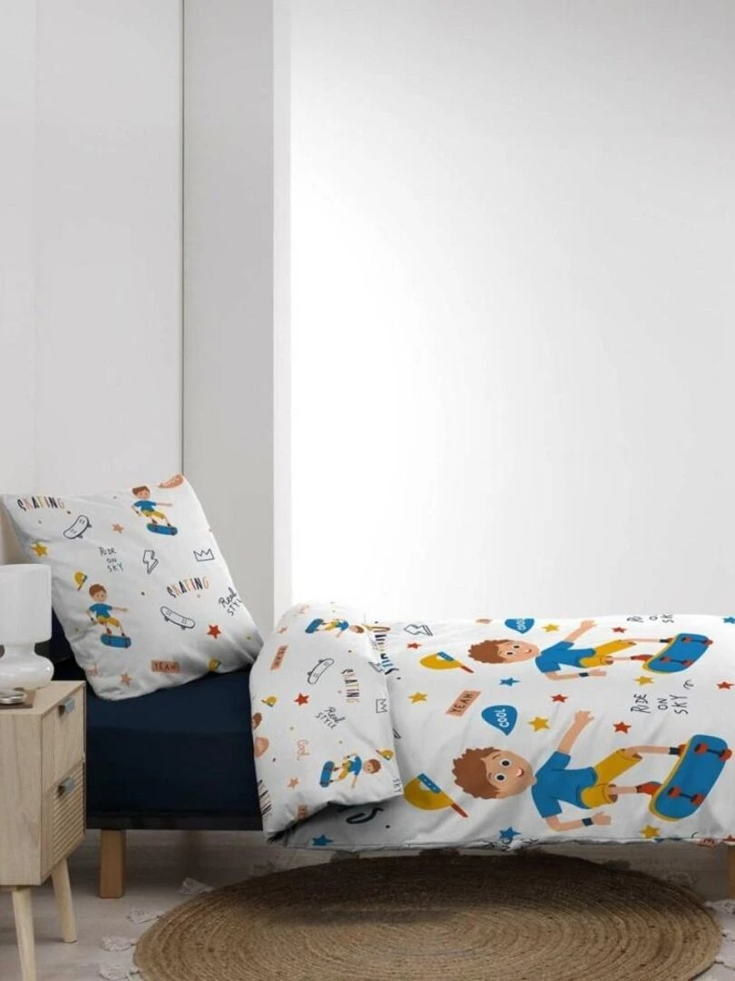 Housse de couette enfant 140x200 Skateboy + 1 taie microfibre   Blanc