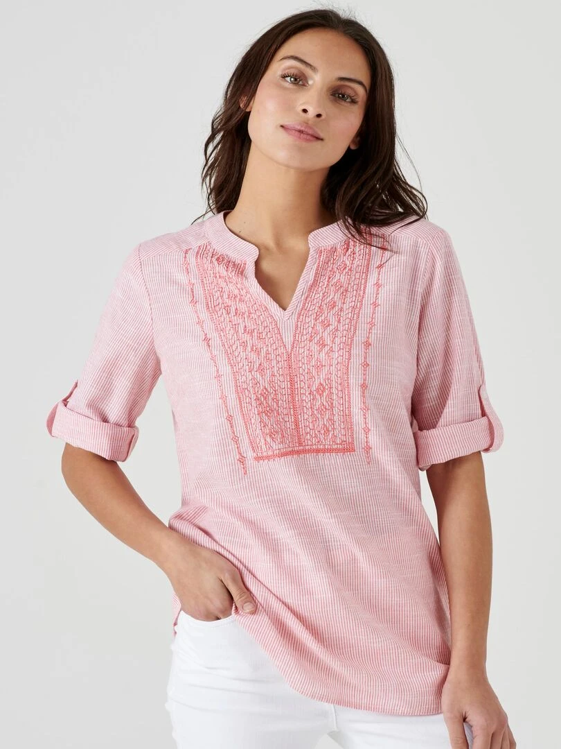 Blouse pur coton fines rayures Damart Orange corail