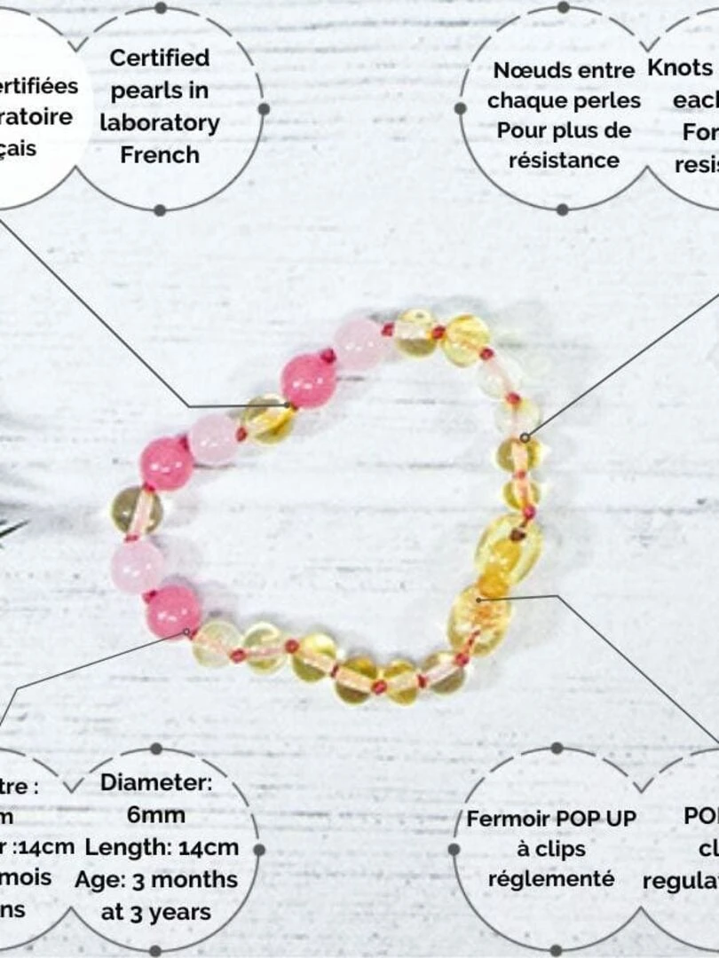 Bracelet bébé   Ambre et pierres naturelles   Ambre Lemon / Quartz rose / Calcédoine   Rose