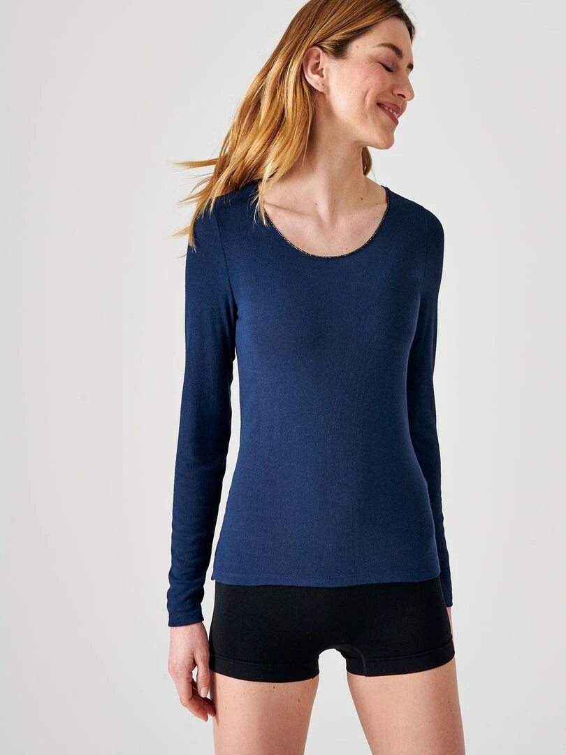 Tee shirt manches longues Thermolactyl Sensitive biais fils brillants Damart Bleu marine