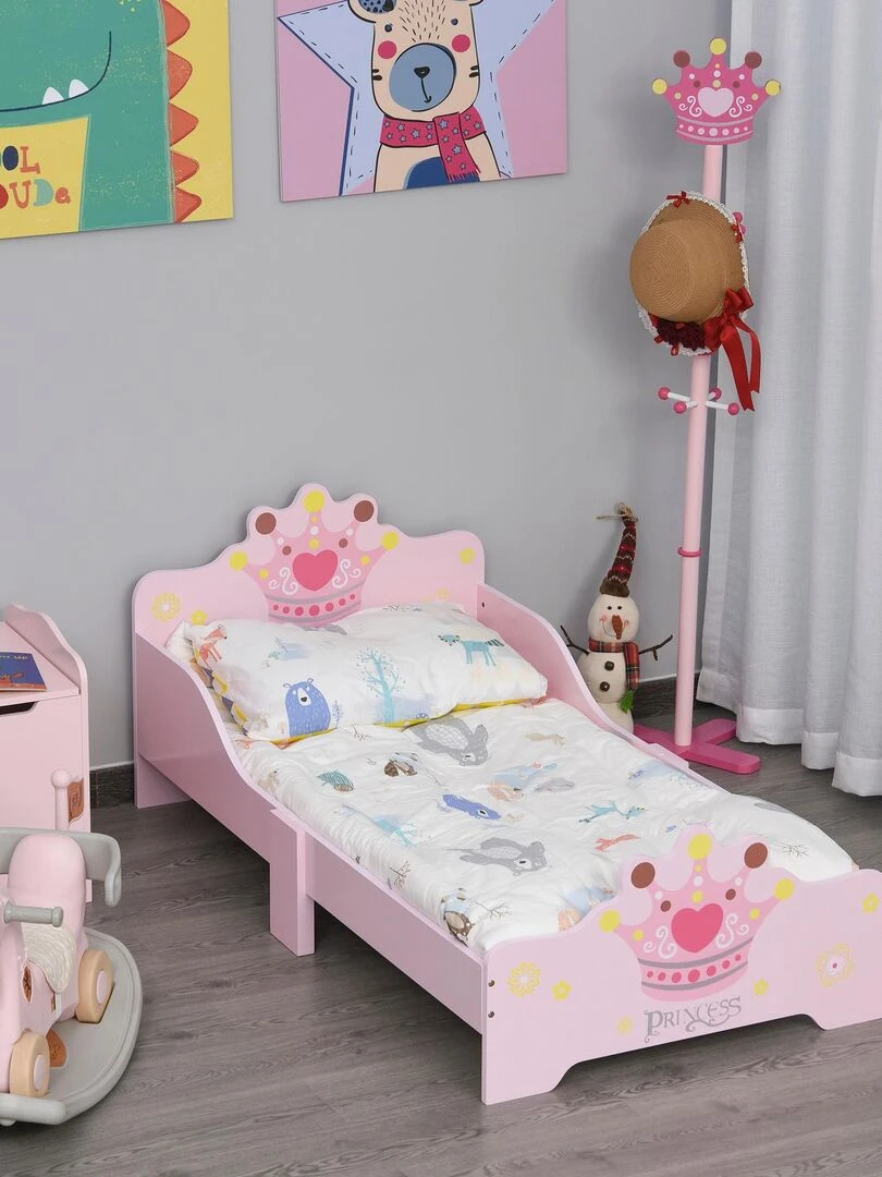 Lit d'enfant design princesse motif couronne sommier à lattes inclus MDF contre plaqué rose Rose