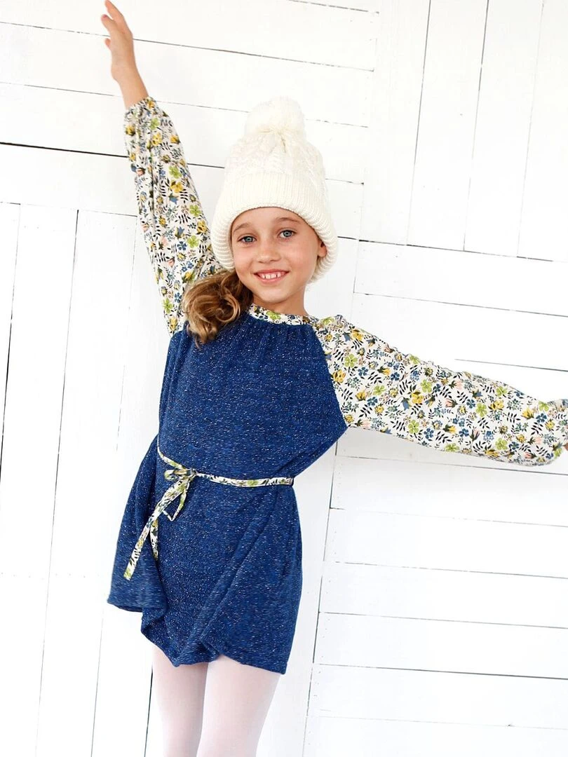 Robe Pull Bleu Fleurie Jaune Fille ELISA 'LA FAUTE A VOLTAIRE' Bleu Jaune Blanc