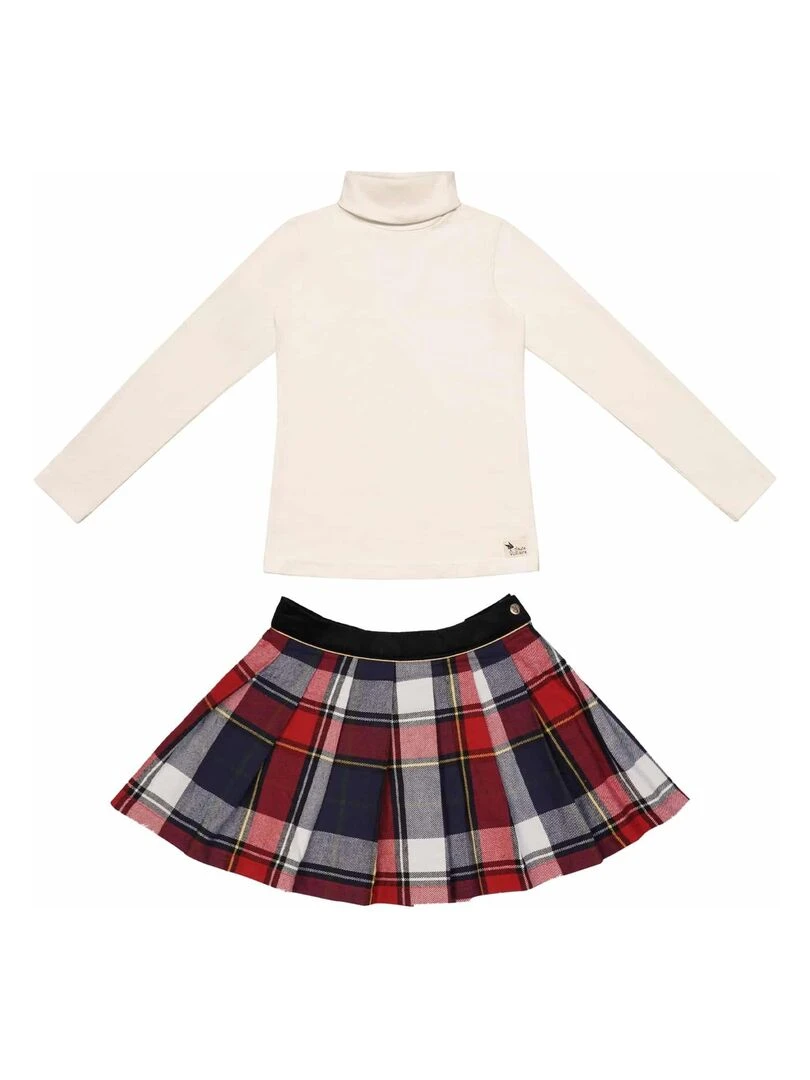 Ensemble Jupe Écossaise Carrx Tartan Marine & Sous Pull Beige 'LA FAUTE A VOLTAIRE' Bleu marine
