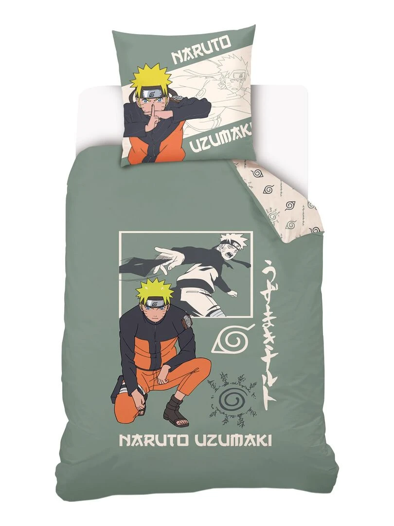 Housse de couette Naruto Uzumaki 140x200 cm et taie d'oreiller 100% Coton Vert