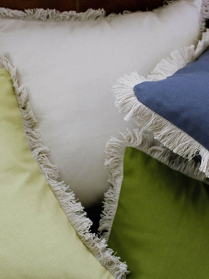 Coussin uni et déhoussable à franges   Bleu