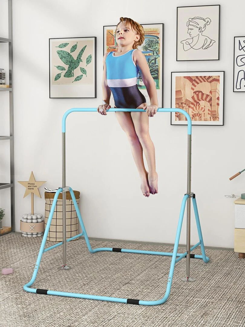 Barre fixe de gymnastique enfant pliable hauteur réglable acier   Bleu