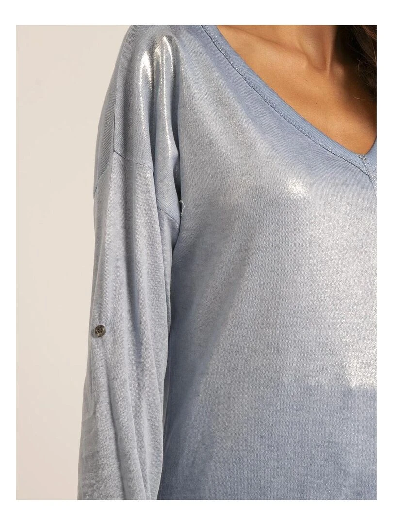 T shirt col V bimatiere FILINIE   Bleu