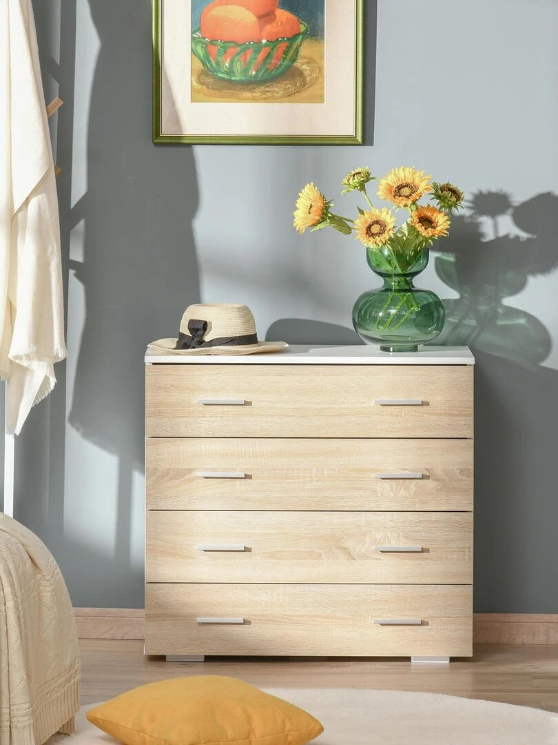 Commode de rangement 4 tiroirs 76 x 35 x 72 cm blanc et couleur bois Blanc