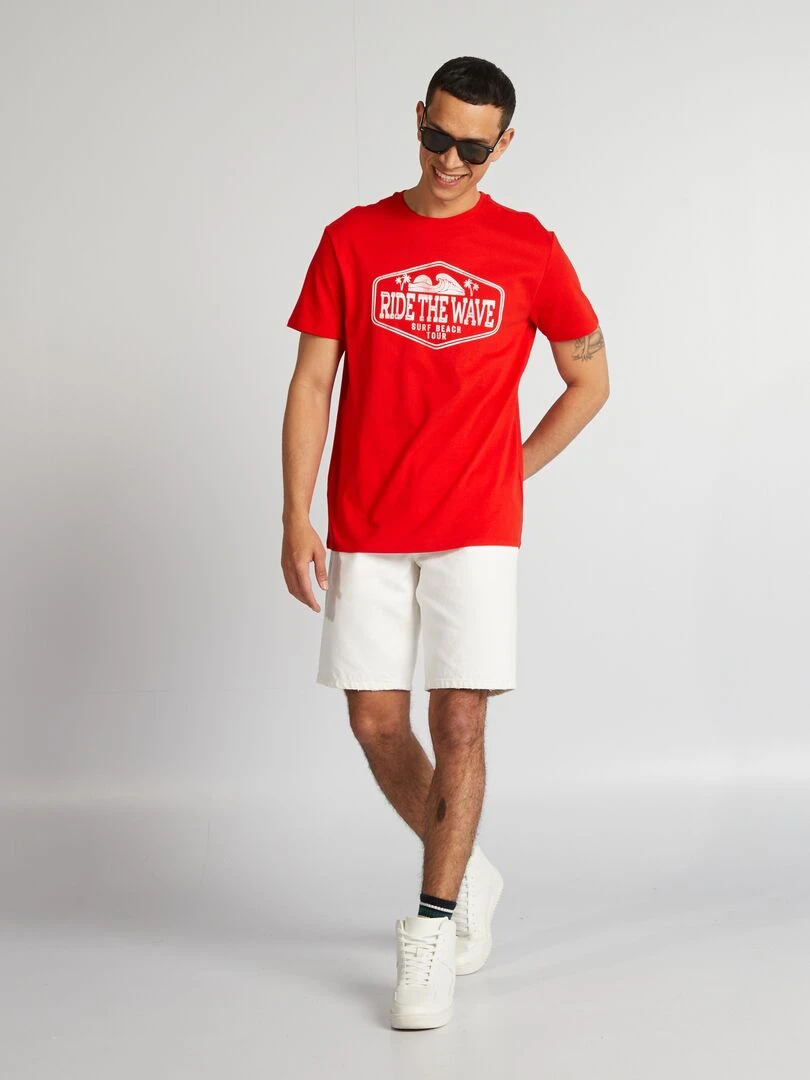 T shirt en coton imprimé à col rond Rouge