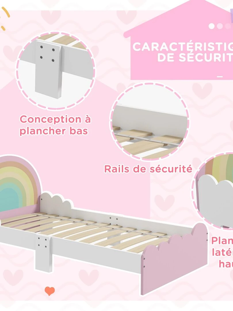 Lit enfant design girly motifs arc en ciel nuages avec sommier à lattes rose blanc   Rose