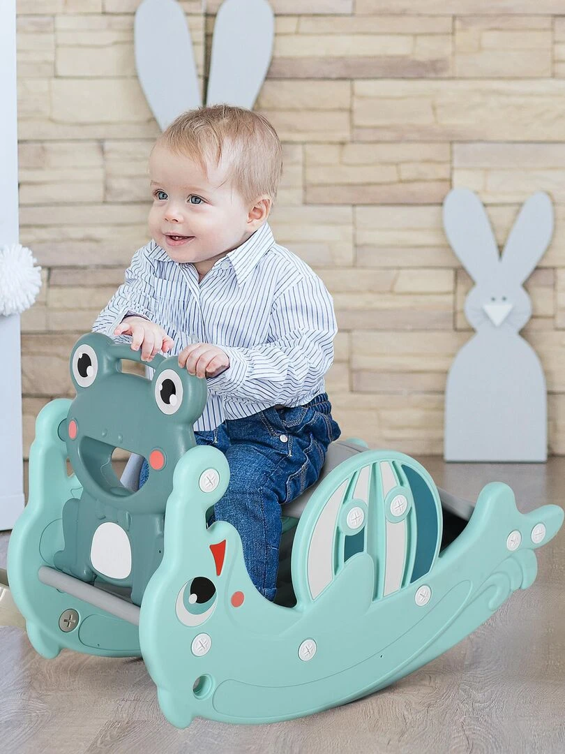 Cheval à bascule grenouille 3 en 1 toboggan panier basket 3 à 5 ans bleu turquoise   Bleu