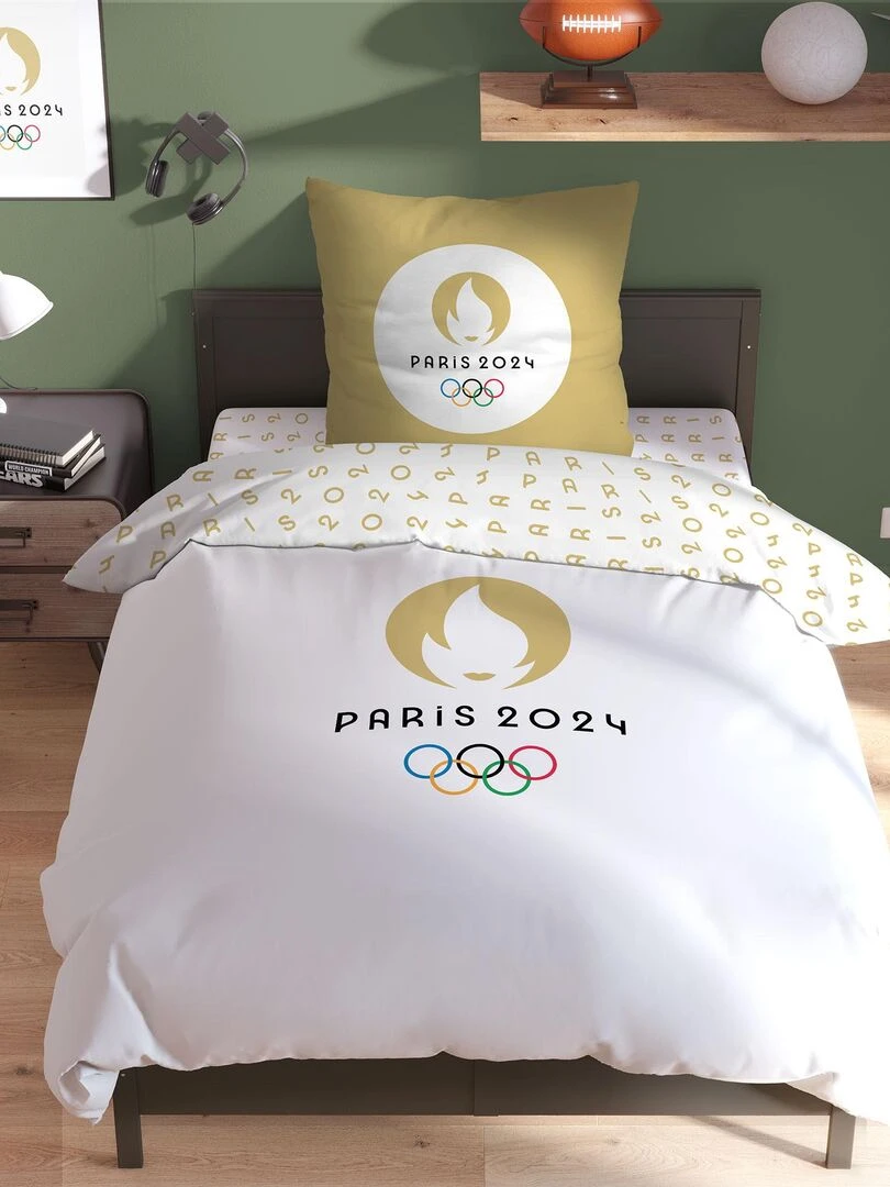 Parure de lit imprimée 100% coton PARIS 2024 JEUX OLYMPIQUES LOGO Blanc