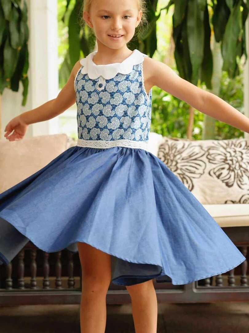 Robe Cérémonie Fille Fleurie Bleu Roi Dentelle Blanche HEPBURN La Faute à Voltaire Bleu