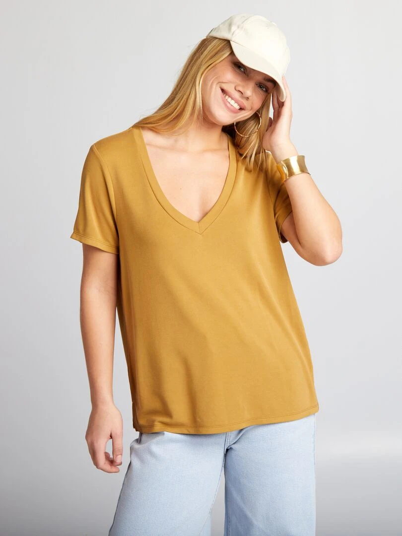 T shirt stretch à col V   Marron