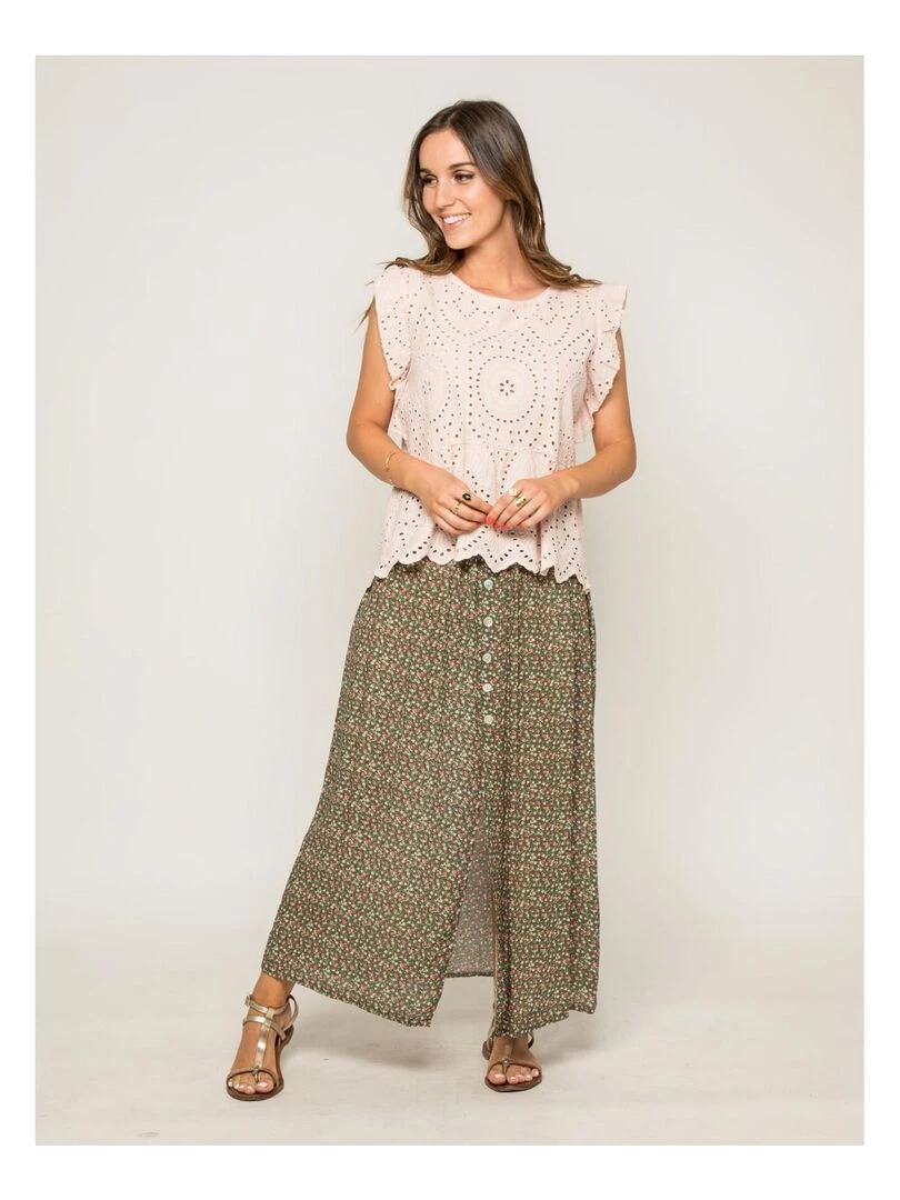 Top col rond broderies anglaises FOUE   Rose