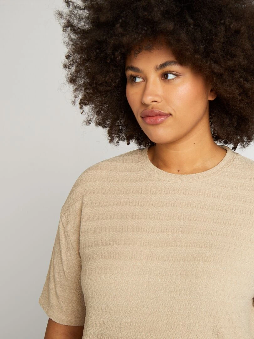 T shirt en matière gaufrée manches courtes   Beige