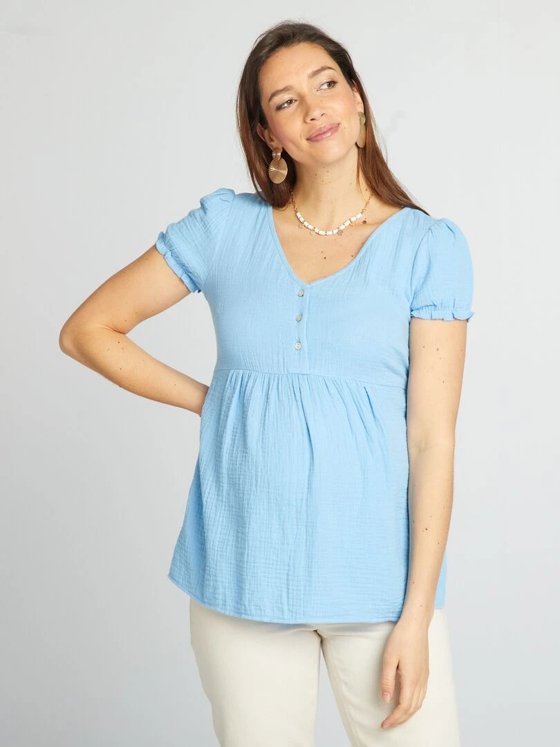 Robe de maternité façon chemisier en gaze de coton Bleu
