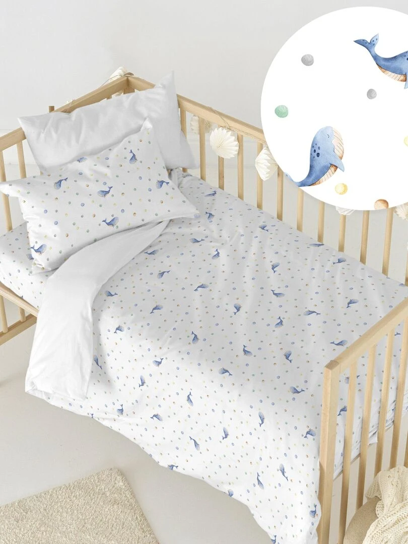 Parure housse de couette 2 pièces Baby whale "Happyfriday" Blanc