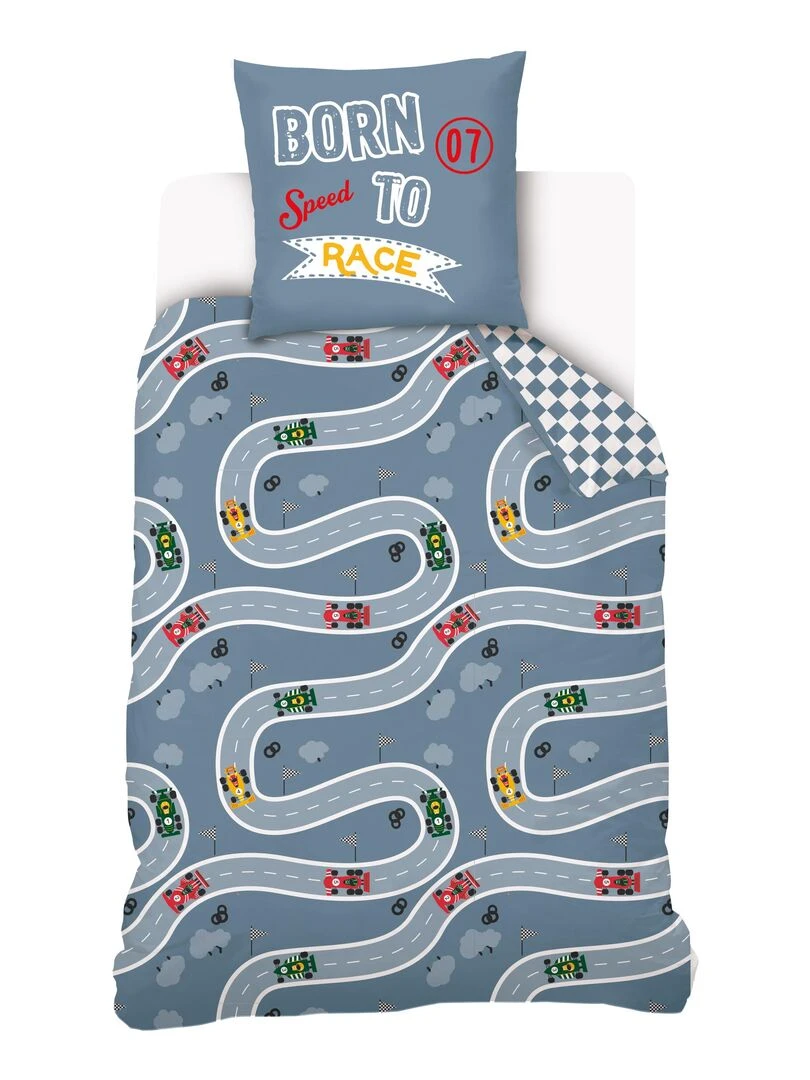 Housse de couette Voiture Lou&Loup 140x200 cm et taie d'oreiller 100% Coton Gris