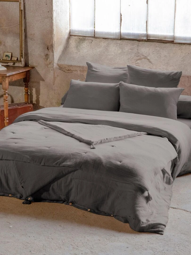Housse de couette 100% Gaze de Coton 74 fils gris anthracite