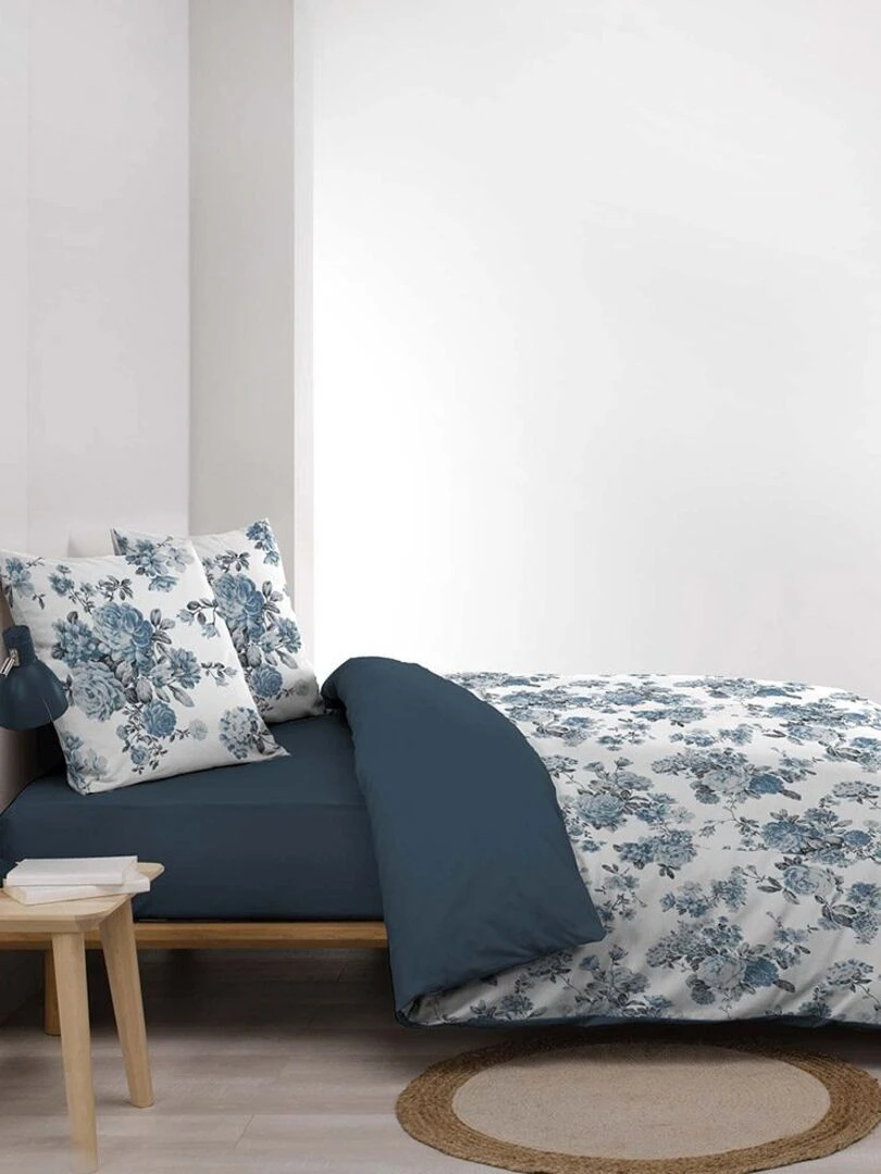 Housse de couette 260x240 + 2 taies Roselia double gaze de coton 57 fils   Bleu