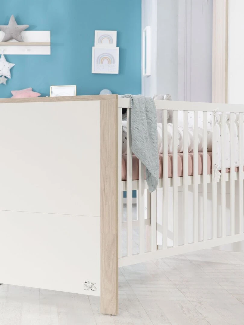 ROBA Lit bébé évolutif "Olaf" 70x140 Hauteur Réglable 3 Barreaux Amovibles Blanc/Décor Bois Blanc