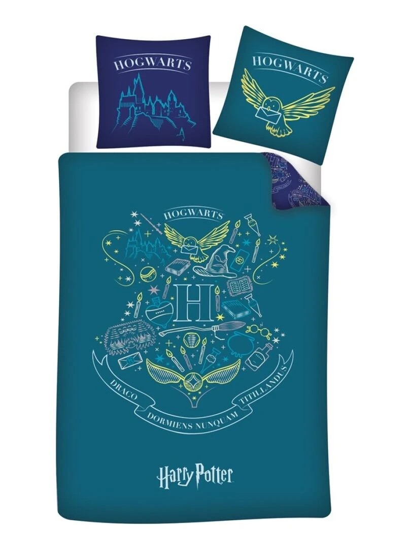 Parure de lit réversible Harry Potter Blason "Hogwarts" Bleue et Vert 140 cm x 200 cm Bleu
