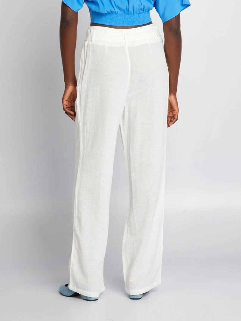 Pantalon large taille haute en lin   Blanc