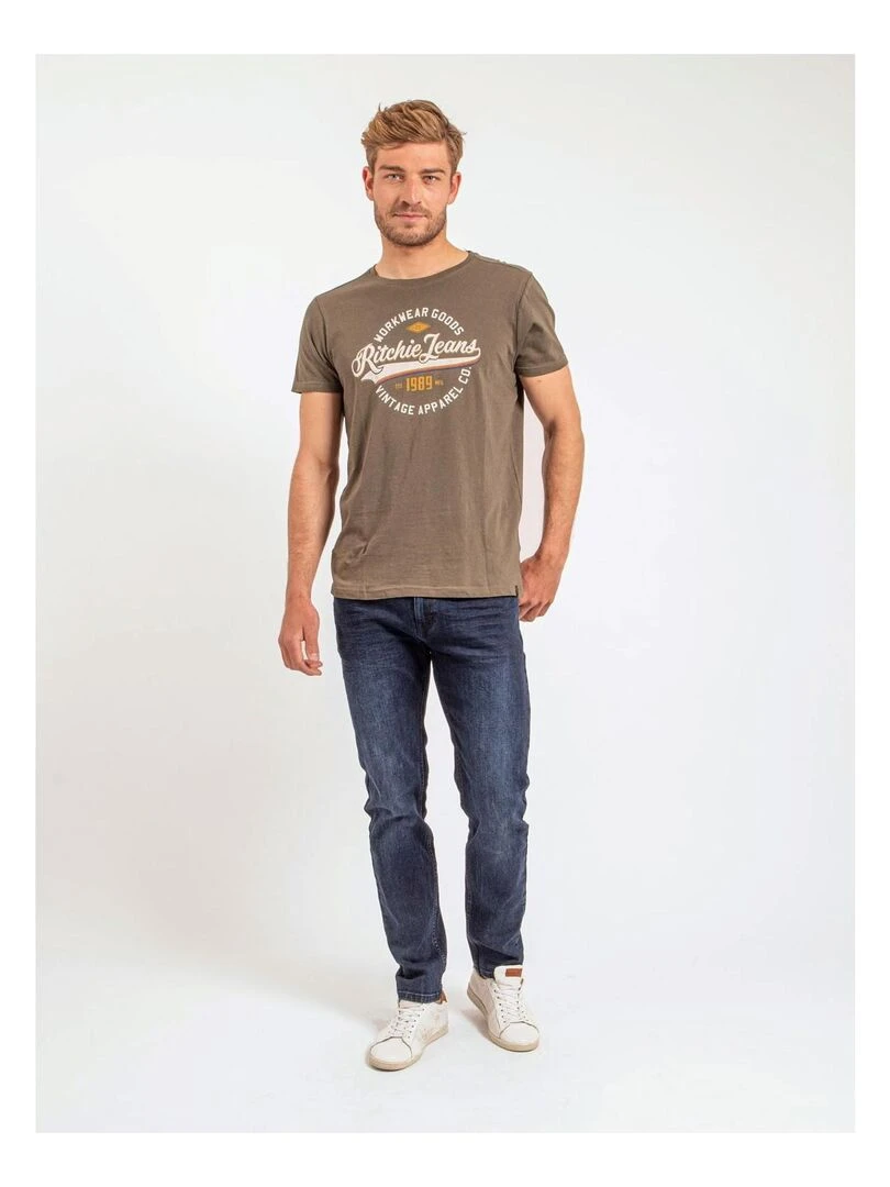 T shirt col rond pur coton JONAK   Kaki