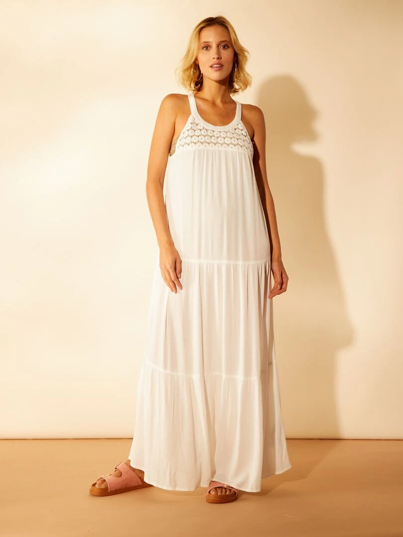 Robe de plage longue avec fleurs brodées blanc
